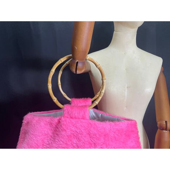 Pink Fury Purse, Created with Vintage Fabric, Ring Handles, One of A Kind - Picture 3 of 6